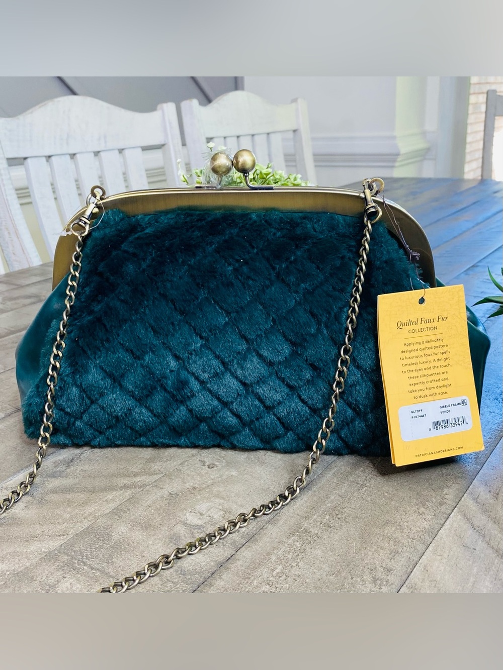 Patricia Nash Gisele Green Leather & Faux Fur Clutch Crossbody Frame Purse NWT